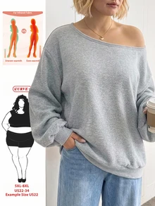 SHEIN CURVE+ Plus Size Women's Casual Light Gray Off-Shoulder Loose Long Sleeve Sweatshirt, Minimalist Style Suitable For Autumn/Winter - Grey - View 2