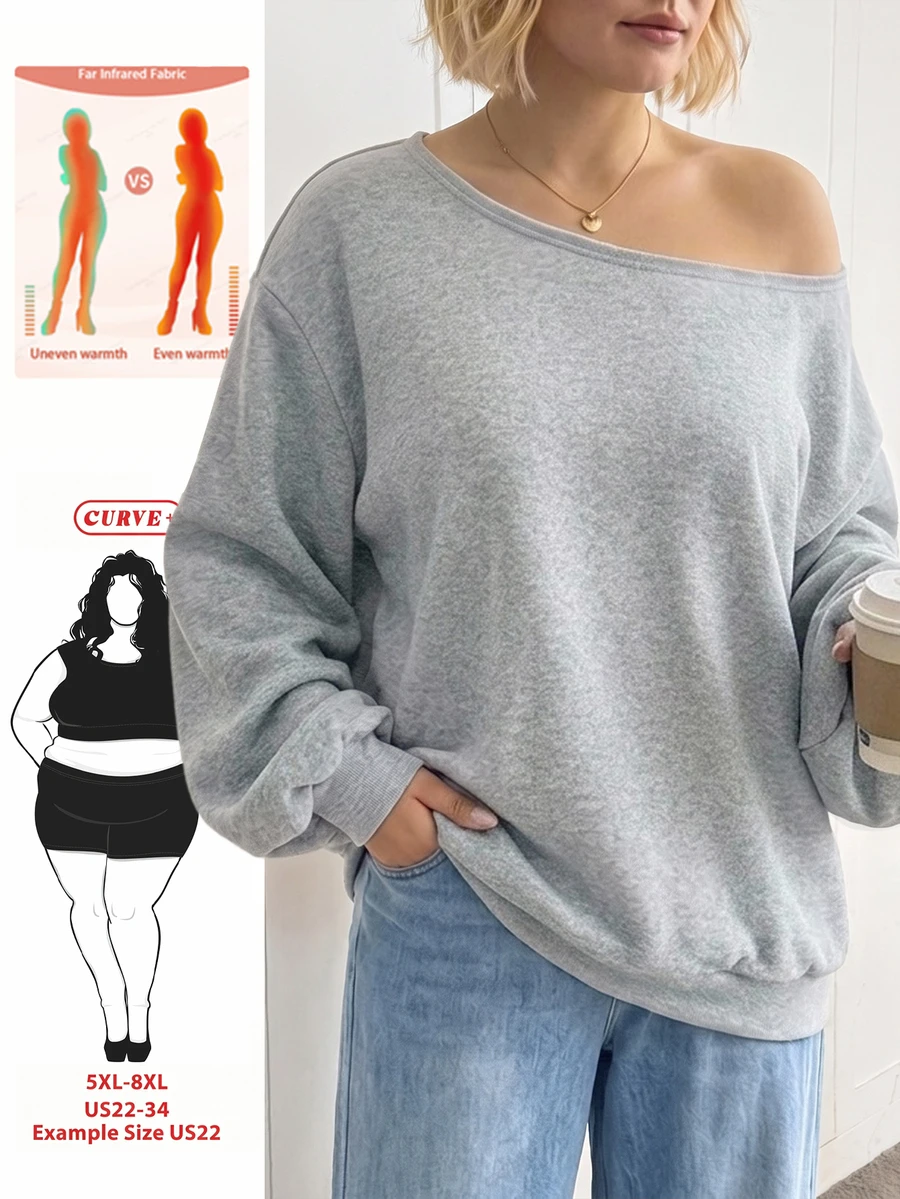 SHEIN CURVE+ Plus Size Women's Casual Light Gray Off-Shoulder Loose Long Sleeve Sweatshirt, Minimalist Style Suitable For Autumn/Winter
