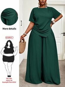 SHEIN CURVE+ 2025春夏新款休闲度假优雅海岛风派对纯色棕色褶皱面料露脐上衣，修身剪裁，尖角下摆，搭配松紧腰阔腿裤两件套，大码/2026/新年 - 墨綠色 - 查看 1