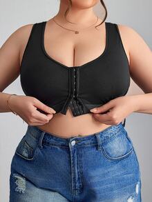SHEIN CURVE+ بليزر بسيط بإغلاق أمامي للحجم الكبير، كاميسول منحني، بوهيمي للعطلات - الأسود - مشاهدة 7