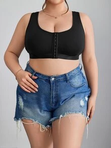 SHEIN CURVE+ بليزر بسيط بإغلاق أمامي للحجم الكبير، كاميسول منحني، بوهيمي للعطلات - الأسود - مشاهدة 5