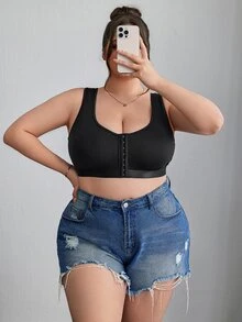 SHEIN CURVE+ بليزر بسيط بإغلاق أمامي للحجم الكبير، كاميسول منحني، بوهيمي للعطلات - الأسود - مشاهدة 3