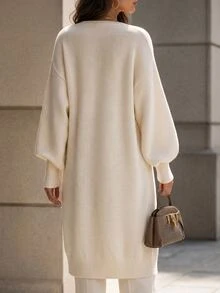 Balvessa Deep V-Neck Dropped Shoulder Lantern Sleeve Ribbed Cuff Loose Buttonless Women's Cardigan Office Brunch Cream White Autumn Elegant Minimalist - Apricot - View 2