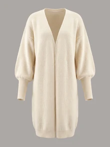 Balvessa Deep V-Neck Dropped Shoulder Lantern Sleeve Ribbed Cuff Loose Buttonless Women's Cardigan Office Brunch Cream White Autumn Elegant Minimalist - Apricot - View 6