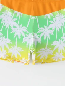 SHEIN 2 piezas Conjunto de traje de baño para niños preadolescentes, estilo tropical de surf, bloque de color naranja vibrante y amarillo-verde degradado con estampado de palmeras, gráfico de letra "SURF", top de protección solar de manga larga y pantalones de baño a juego estampados, tela de punto, elegante, casual, fresco, adecuado para nadar, vacaciones de verano, playa, fiesta en la piscina - Multicolor - Ver 5
