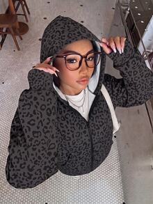 SHEIN 青少年女孩秋冬休閒灰色豹紋長袖連帽夾克街頭風日常度假校園穿搭 - 黑色 - 查看 1