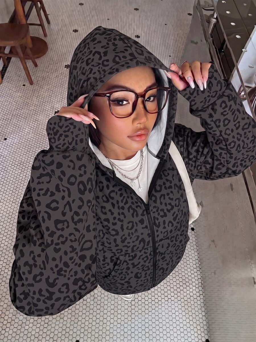 SHEIN 青少年女孩秋冬休閒灰色豹紋長袖連帽夾克街頭風日常度假校園穿搭 - 黑色 - 查看 1