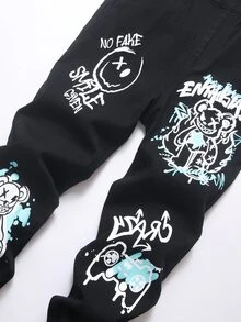 SHEIN Overall Denim Kasual Sehari-hari Motif Kartun Huruf untuk Anak Laki-laki Remaja - Hitam - View 3