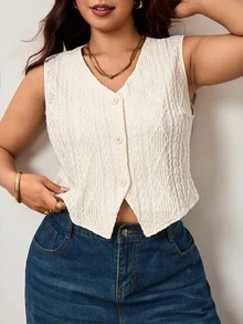 Enliva Plus-Size White Textured Lightweight Vest, Suitable For Women's Office Date Night Wear, Flattering Apple-Shaped Curvy Figures, Summer Wear. Casual - Apricot - View 5
