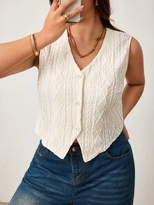 Enliva Plus-Size White Textured Lightweight Vest, Suitable For Women's Office Date Night Wear, Flattering Apple-Shaped Curvy Figures, Summer Wear. Casual - Apricot - View 3