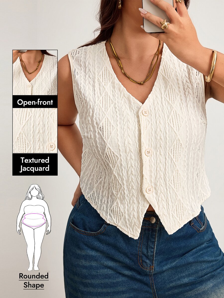 Enliva Plus-Size White Textured Lightweight Vest, Suitable For Women's Office Date Night Wear, Flattering Apple-Shaped Curvy Figures, Summer Wear. Casual - Apricot - View 1