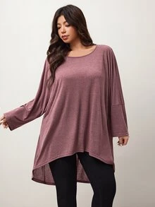 Enliva 大尺碼女款寬鬆蝙蝠袖不對稱下擺高低 T-shirt 圓領 秋季 紫色 休閒 度假 正式 傳統居家穿著 - 藕粉色 - 查看 6