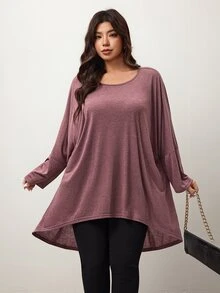 Enliva 大尺碼女款寬鬆蝙蝠袖不對稱下擺高低 T-shirt 圓領 秋季 紫色 休閒 度假 正式 傳統居家穿著 - 藕粉色 - 查看 5