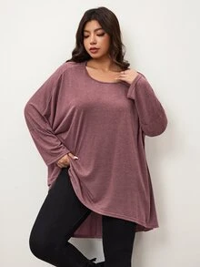 Enliva 大尺碼女款寬鬆蝙蝠袖不對稱下擺高低 T-shirt 圓領 秋季 紫色 休閒 度假 正式 傳統居家穿著 - 藕粉色 - 查看 4