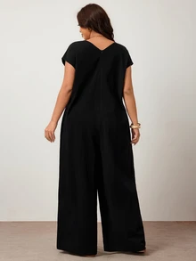 Enliva Plus Size Black Cotton Jumpsuit With Loose V-Neck And Pockets - Black - View 2