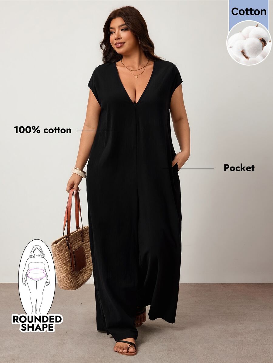 Enliva Plus Size Black Cotton Jumpsuit With Loose V-Neck And Pockets - Black - View 1