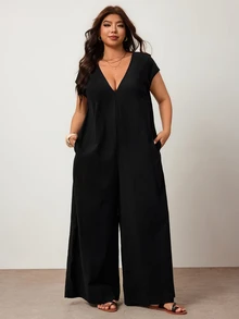 Enliva Plus Size Black Cotton Jumpsuit With Loose V-Neck And Pockets - Black - View 4