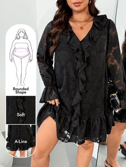 Enliva Jennifer_samantha_style Plus Size Women Long Sleeve Loose Dress, Laser Cut Detail Fabric, For Apple Rounded Body Shape Autumn Date Night Party Black
