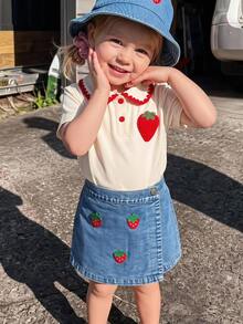 THE HAPPY LOOK Young Girl' Strawberry Pattern Peter Pan Collar Short Sleeve Top And Skirt Set - Apricot - View 1