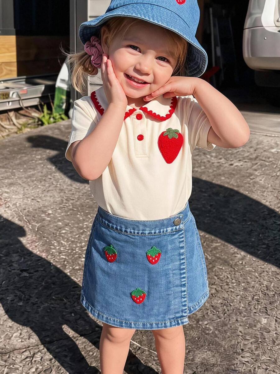 THE HAPPY LOOK Young Girl' Strawberry Pattern Peter Pan Collar Short Sleeve Top And Skirt Set - Apricot - View 1
