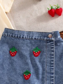 THE HAPPY LOOK Young Girl' Strawberry Pattern Peter Pan Collar Short Sleeve Top And Skirt Set - Apricot - View 5