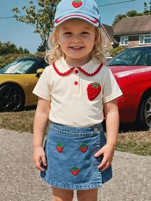 THE HAPPY LOOK Young Girl' Strawberry Pattern Peter Pan Collar Short Sleeve Top And Skirt Set - Apricot - View 8