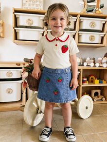 THE HAPPY LOOK Young Girl' Strawberry Pattern Peter Pan Collar Short Sleeve Top And Skirt Set - Apricot - View 6