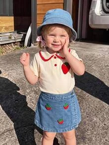 THE HAPPY LOOK Young Girl' Strawberry Pattern Peter Pan Collar Short Sleeve Top And Skirt Set - Apricot - View 7