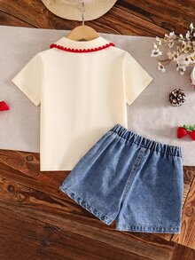 THE HAPPY LOOK Young Girl' Strawberry Pattern Peter Pan Collar Short Sleeve Top And Skirt Set - Apricot - View 2