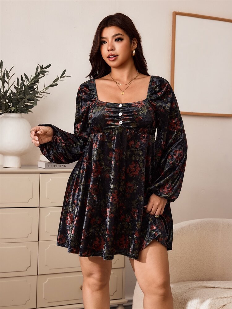 Enliva Plus Size Women's Velvet Floral Mini Dress Square Neck Long Sleeve Babydoll Dress Halloween Inspired Gothic Romantic Style Flattering Compatible With Apple Shape - Black - View 4