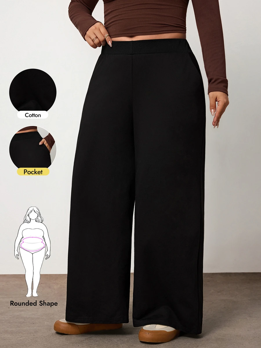 Enliva Plus Size Women's Cotton Blend Sweatpants High Waist Wide Leg Lounge Baggy Pants Side Pockets Rounded Body Beach Evening Black Fall - Black - View 1