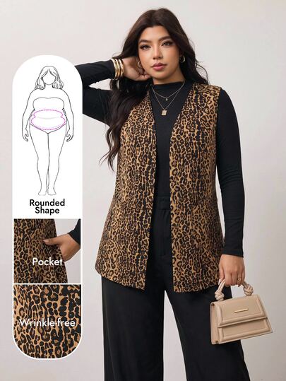 Enliva Cardigan de punto sin mangas con estampado de leopardo para mujer de talla grande, abrigo largo, perfecto para usar en otoño