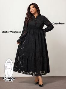Enliva Plus-Size Women's Jacquard Long-Sleeved Midi Dress,Black Autumn Elegant Formal Evening A-Line Skirt With Frog Button Details,For Apple Rounded Body - Black - View 2
