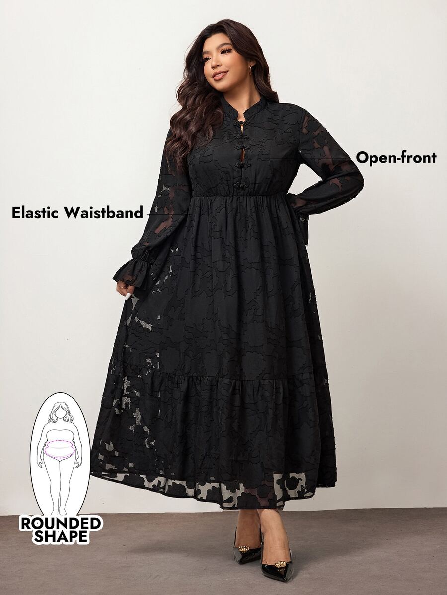 Enliva Plus-Size Women's Jacquard Long-Sleeved Midi Dress,Black Autumn Elegant Formal Evening A-Line Skirt With Frog Button Details,For Apple Rounded Body