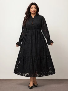 Enliva Plus-Size Women's Jacquard Long-Sleeved Midi Dress,Black Autumn Elegant Formal Evening A-Line Skirt With Frog Button Details,For Apple Rounded Body - Black - View 6