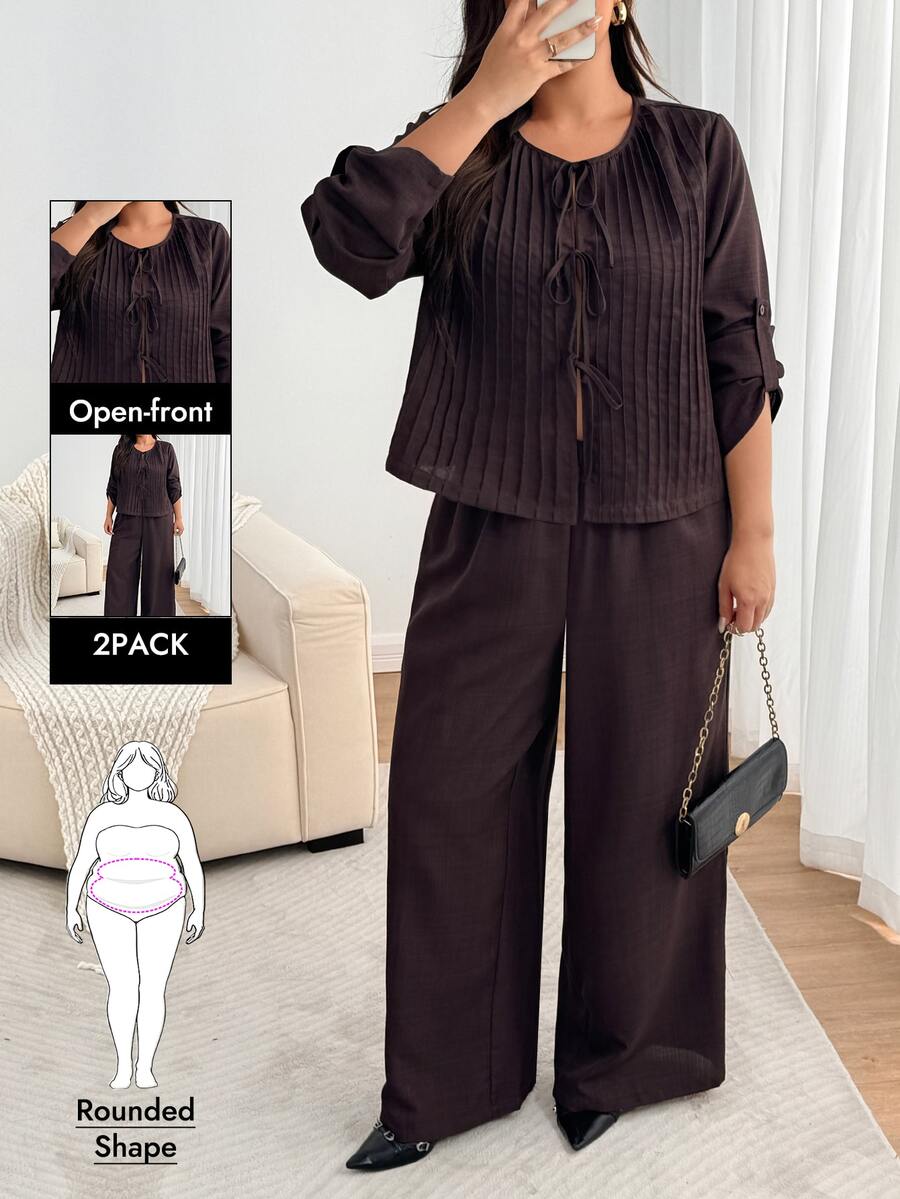 Enliva Plus Size Co-Ords Autumn Brunch Formal Brown Casual Elegant - Brown - View 1
