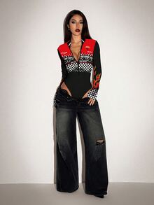 SHEIN ICON 女士时尚撞色格纹印花连体衣 - 黑色 - 查看 5