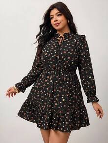 Enliva Plus Size Women's Apple Shape Black Floral Mini Dress, Long Sleeve Ruffle Trim Belted Dress Dinner Office Club Autumn Cute Boho Bohemian Fall - Black - View 4