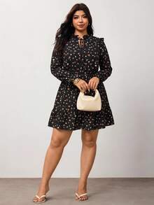 Enliva Plus Size Women's Apple Shape Black Floral Mini Dress, Long Sleeve Ruffle Trim Belted Dress Dinner Office Club Autumn Cute Boho Bohemian Fall - Black - View 3
