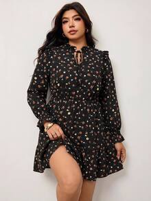 Enliva Plus Size Women's Apple Shape Black Floral Mini Dress, Long Sleeve Ruffle Trim Belted Dress Dinner Office Club Autumn Cute Boho Bohemian Fall - Black - View 5