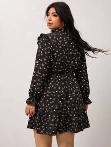 Enliva Plus Size Women's Apple Shape Black Floral Mini Dress, Long Sleeve Ruffle Trim Belted Dress Dinner Office Club Autumn Cute Boho Bohemian Fall - Black - View 2