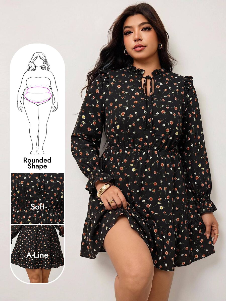 Enliva Plus Size Women's Apple Shape Black Floral Mini Dress, Long Sleeve Ruffle Trim Belted Dress Dinner Office Club Autumn Cute Boho Bohemian Fall - Black - View 1