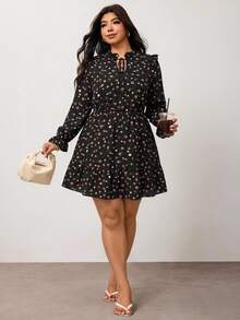 Enliva Plus Size Women's Apple Shape Black Floral Mini Dress, Long Sleeve Ruffle Trim Belted Dress Dinner Office Club Autumn Cute Boho Bohemian Fall - Black - View 7