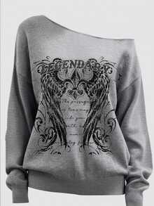 SHEIN EZwear Light Gray Punk Street Print Pattern Women's Off-Shoulder Loose Casual Long Sleeve Sweatshirt - Grey - View 4
