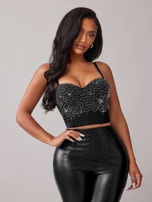 Radiana Women's Rhinestone Decor Sexy Slim Fit Camisole Bustier,Christmas - Black - View 5