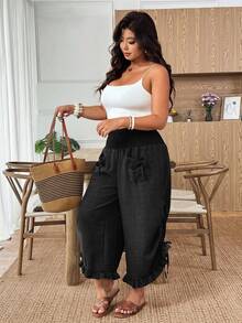 Weeklong Plus Size Women's Solid Color Drawstring Waist Pocket Tie Leg Pants With Bow Tie, Elegant And Comfortable Versatile Casual Wear For Spring/Summer - Black - View 1