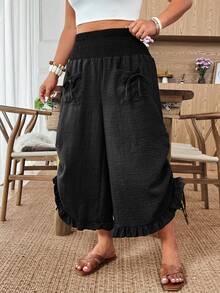 Weeklong Plus Size Women's Solid Color Drawstring Waist Pocket Tie Leg Pants With Bow Tie, Elegant And Comfortable Versatile Casual Wear For Spring/Summer - Black - View 7