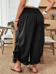 Weeklong Plus Size Women's Solid Color Drawstring Waist Pocket Tie Leg Pants With Bow Tie, Elegant And Comfortable Versatile Casual Wear For Spring/Summer - Black - View 2