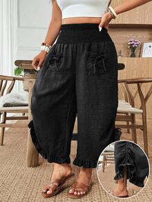 Weeklong Plus Size Women's Solid Color Drawstring Waist Pocket Tie Leg Pants With Bow Tie, Elegant And Comfortable Versatile Casual Wear For Spring/Summer - Black - View 3