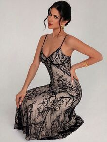 Firerie Women's Summer Elegant Sexy Lace Spaghetti Strap Dress - Black - View 10
